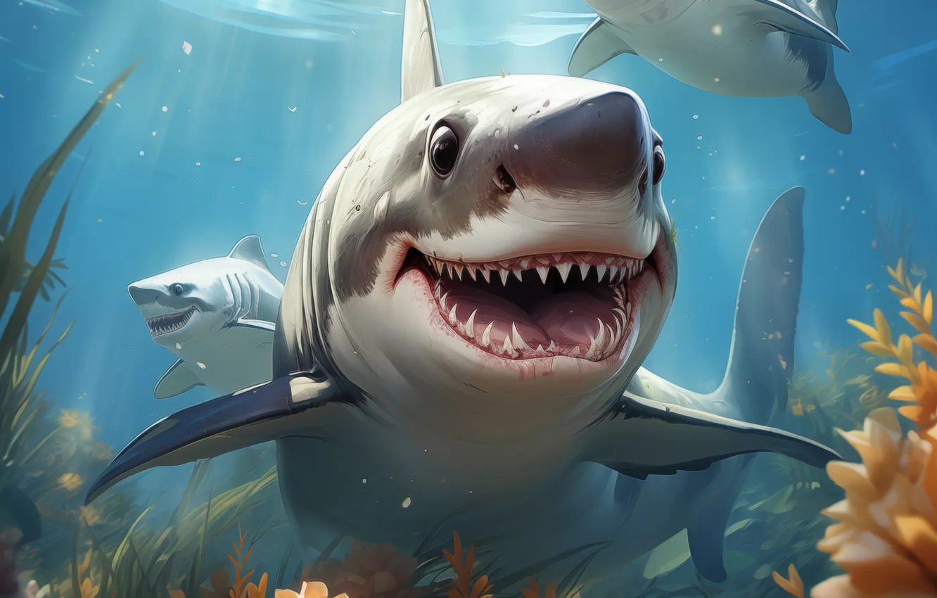 Photo wallpaper predator, shark, teeth, underwater world, digital art, AI art, The Art of Artificial Intelligence, neural …