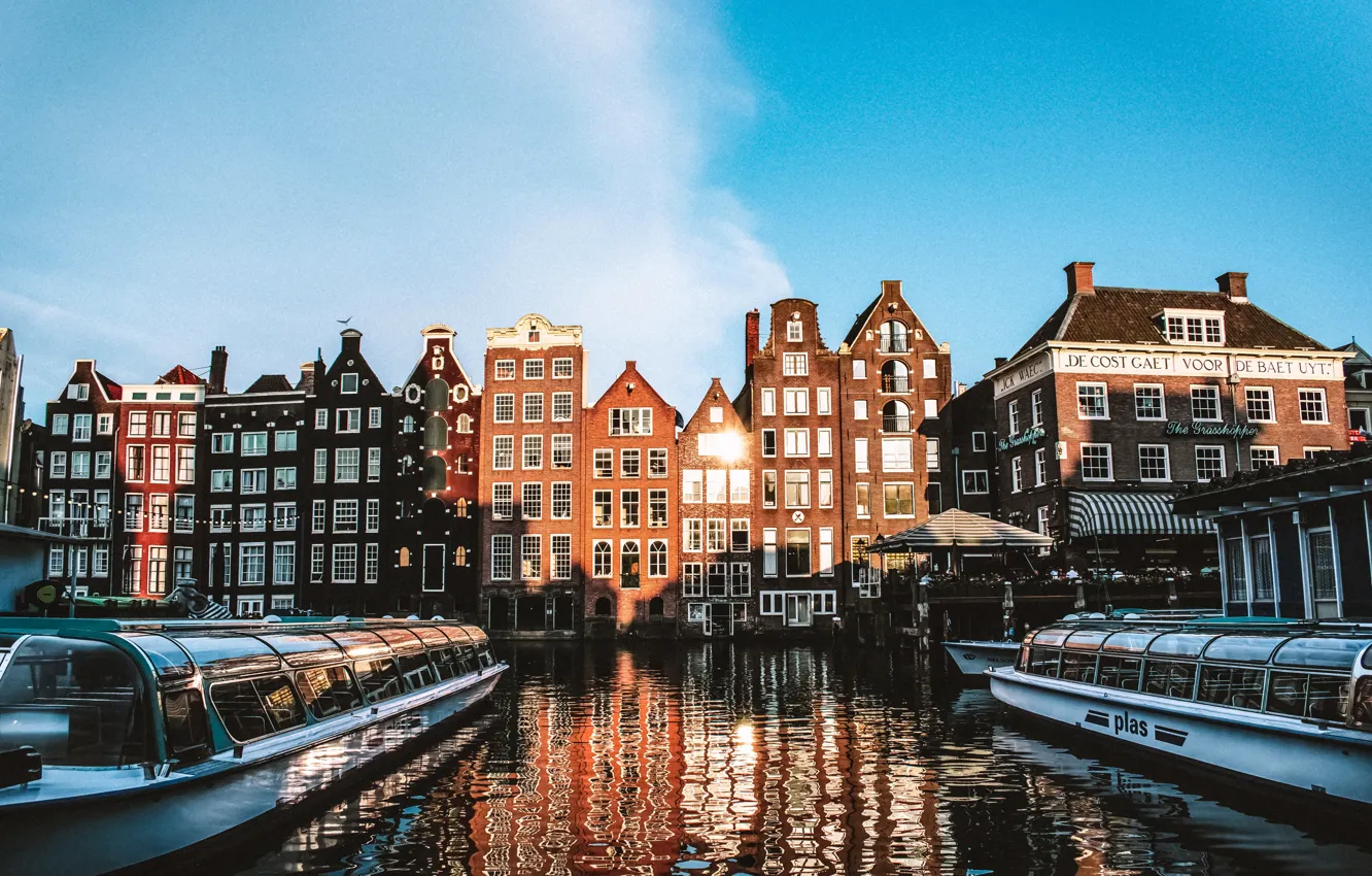 Photo wallpaper the sky, water, the city, reflection, home, window, Amsterdam, boat