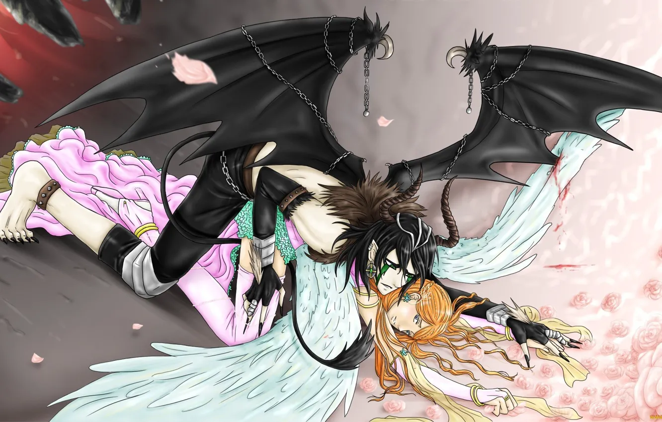Photo wallpaper angel, the demon, art, Bleach, Ulquiorra Schiffer, Inoue Orihime
