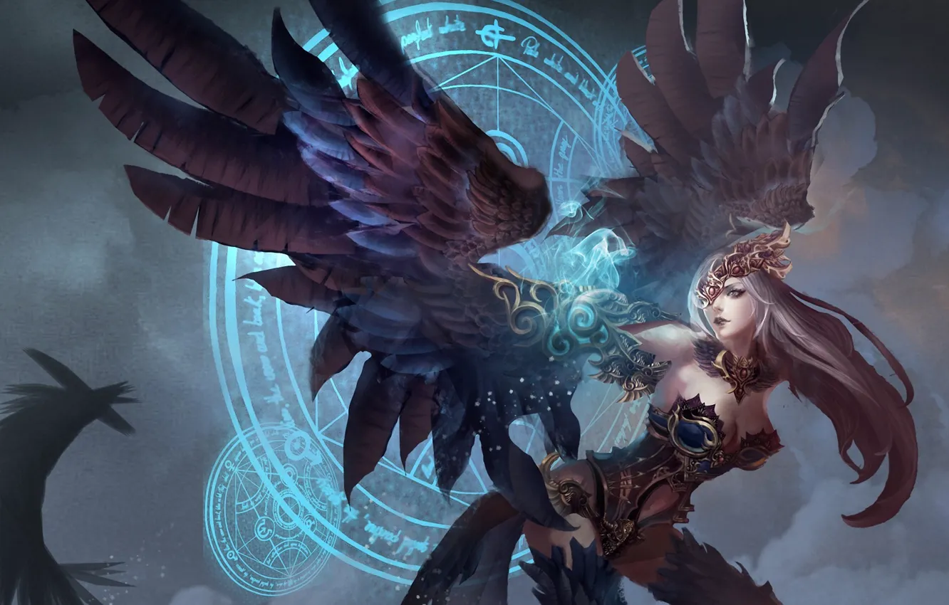 Photo wallpaper girl, wings, art, pentagram, harpies