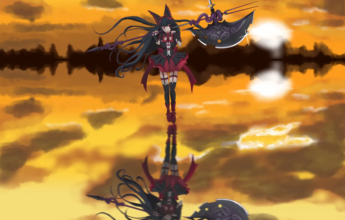 Photo wallpaper girl, the sun, sunset, reflection, weapons, anime, art, Rory Mercury
