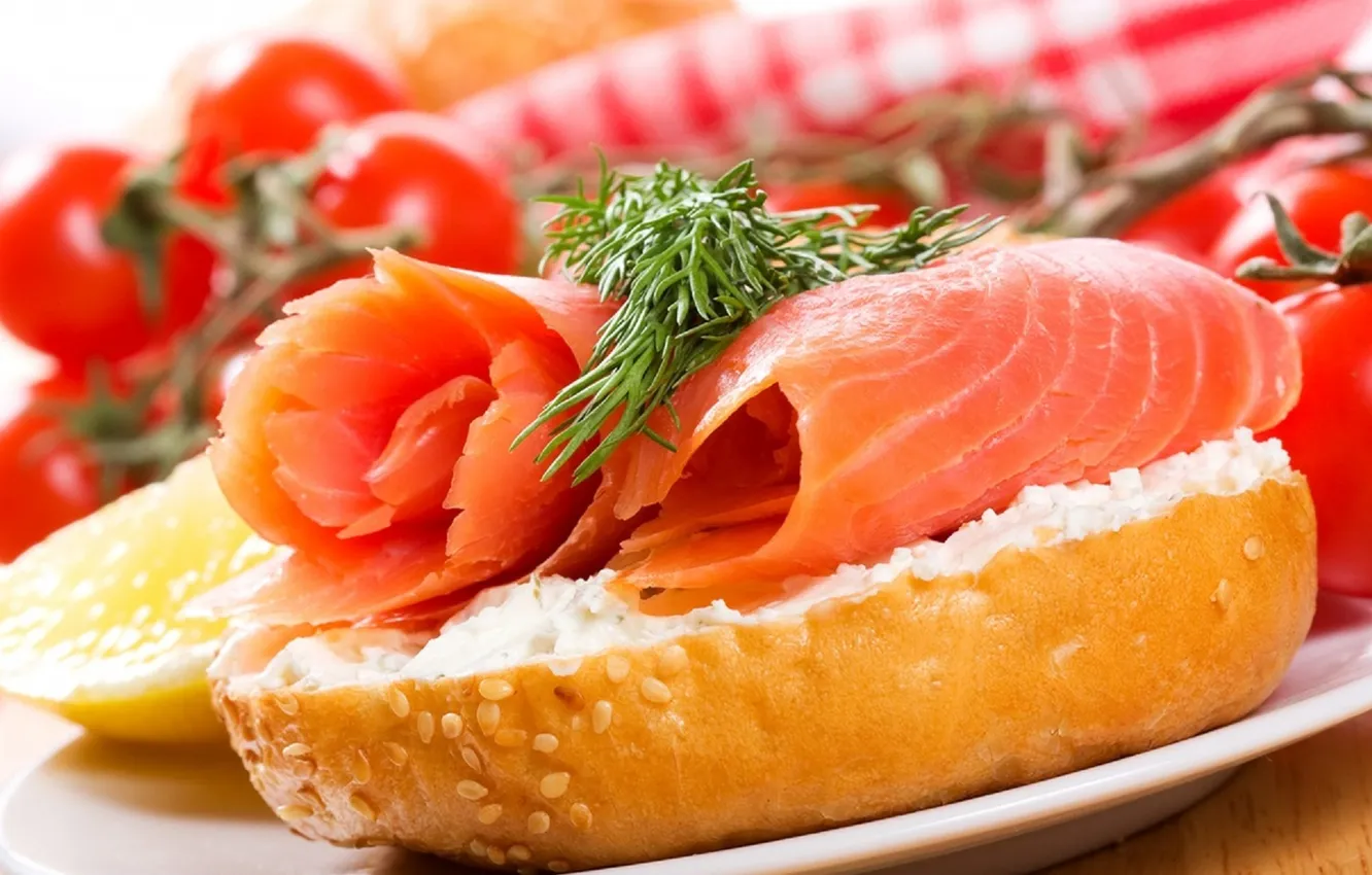 Photo wallpaper tomatoes, salmon, Bread
