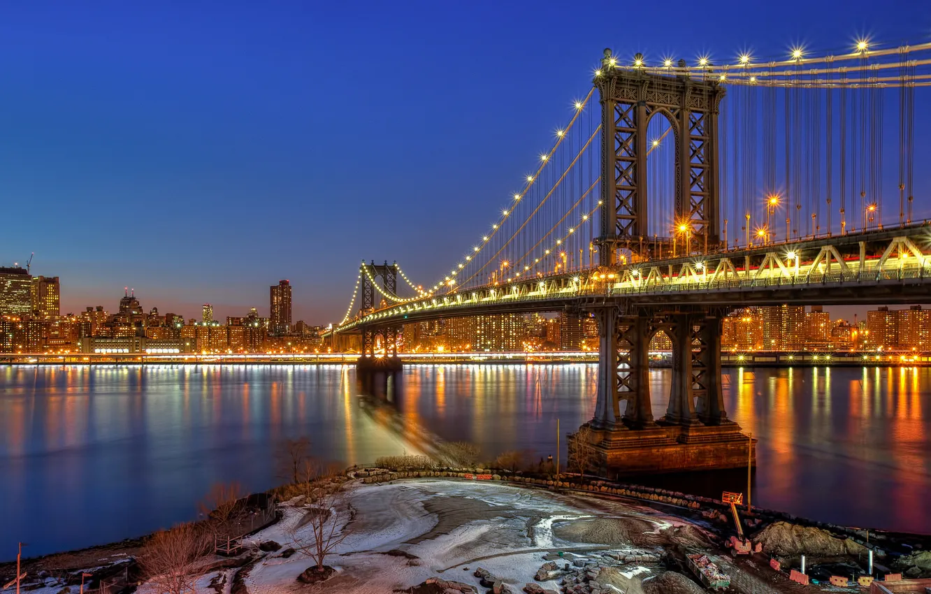 Photo wallpaper the sky, night, lights, reflection, New York, mirror, Manhattan bridge, United States