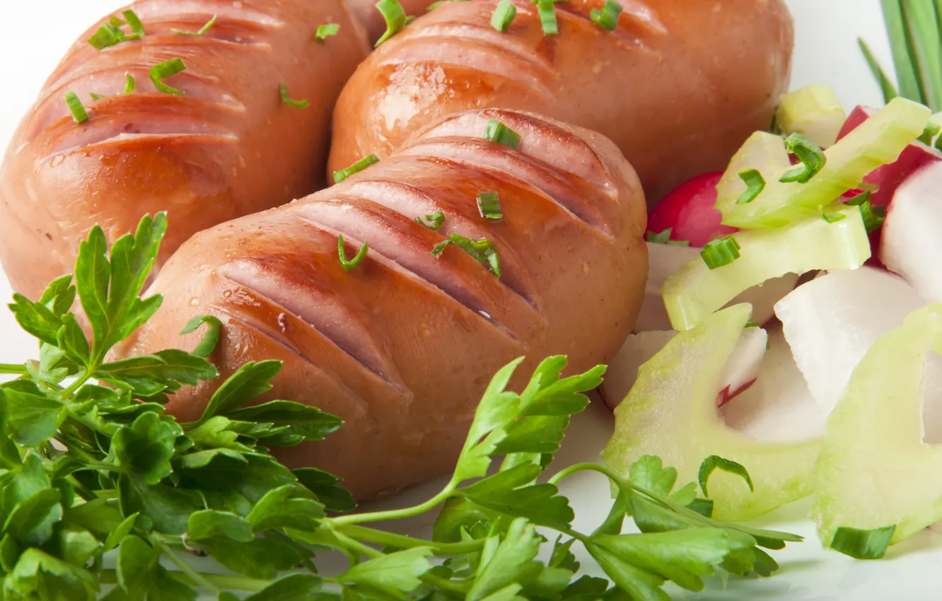Photo wallpaper sausage, bow, parsley, radishes, grill