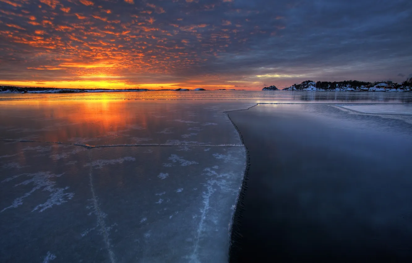 Photo wallpaper ice, winter, sunset, nature, lake