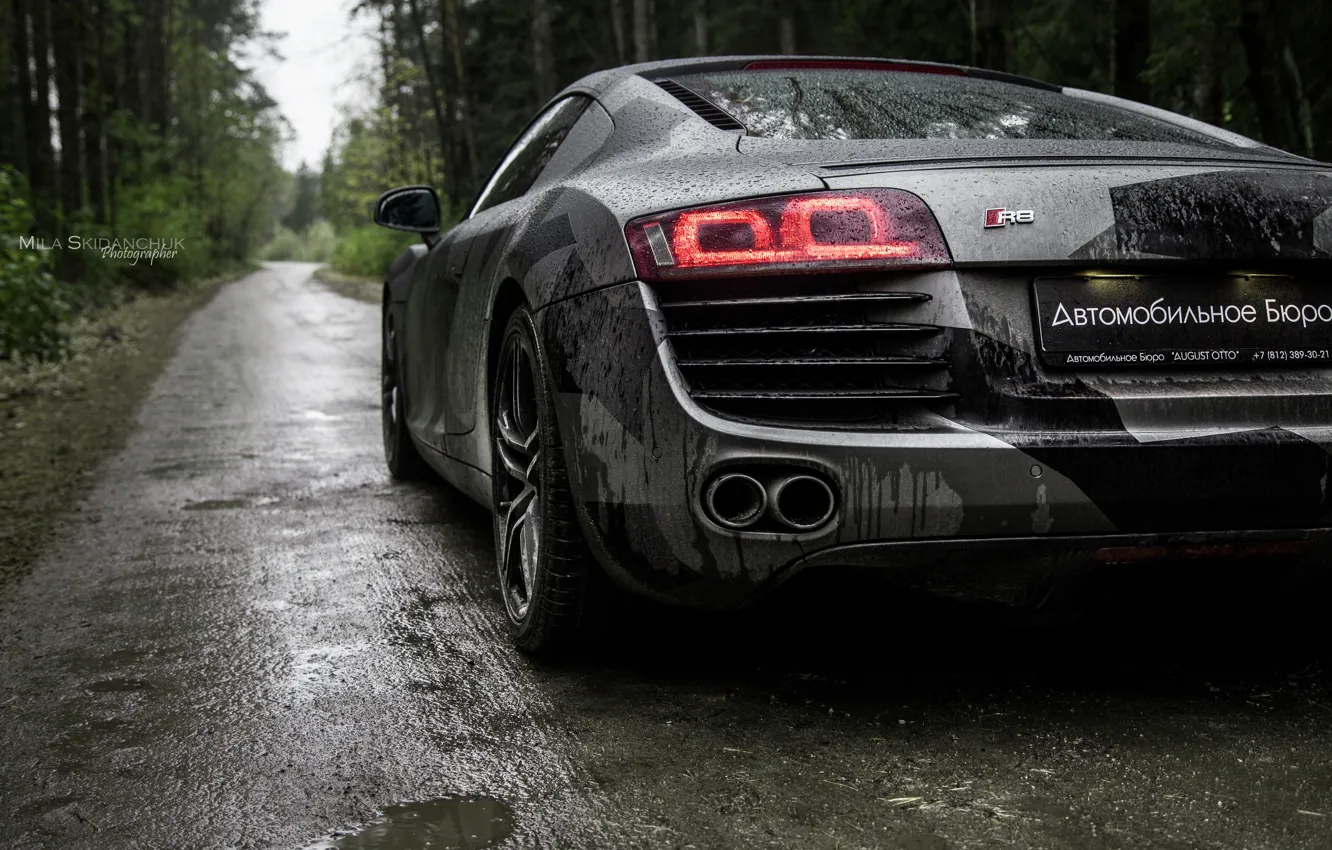 Photo wallpaper car, machine, auto, forest, fog, rain, Audi, audi