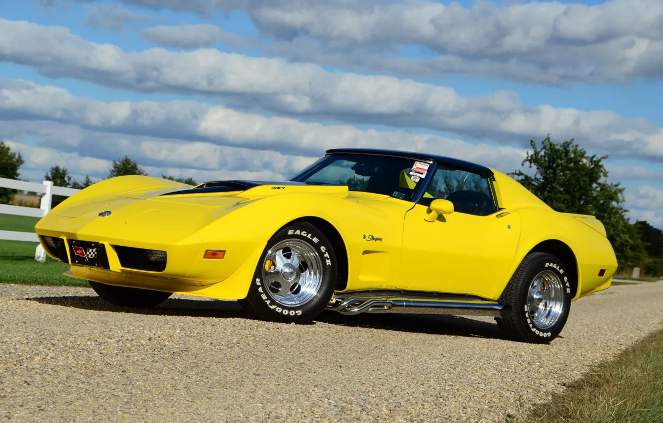 Photo wallpaper Corvette, Chevrolet, Clouds, Sky, Yellow, 427, Stingray