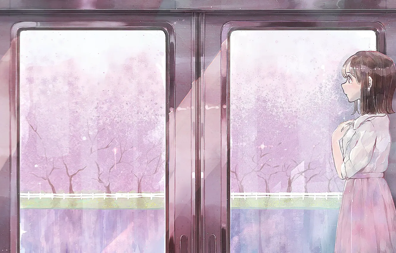 Photo wallpaper girl, train, spring, Sakura, flowering