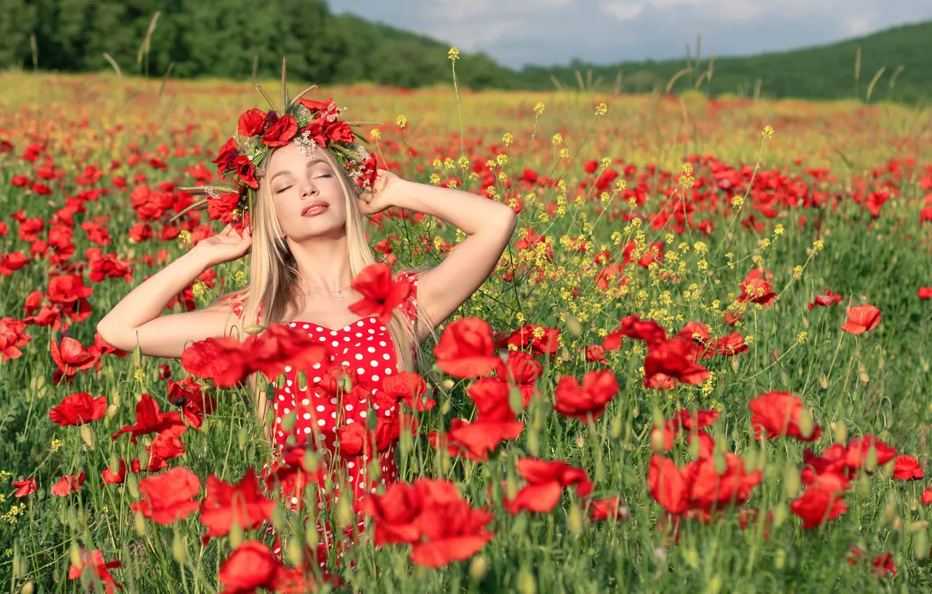 Photo wallpaper girl, flowers, pose, mood, Maki, hands, meadow, wreath