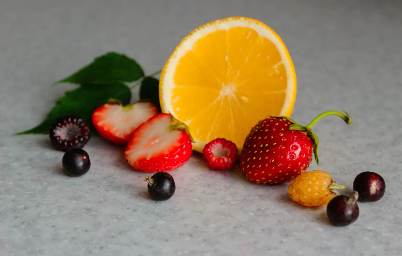 Photo wallpaper leaves, red, berries, raspberry, table, black, orange, strawberry