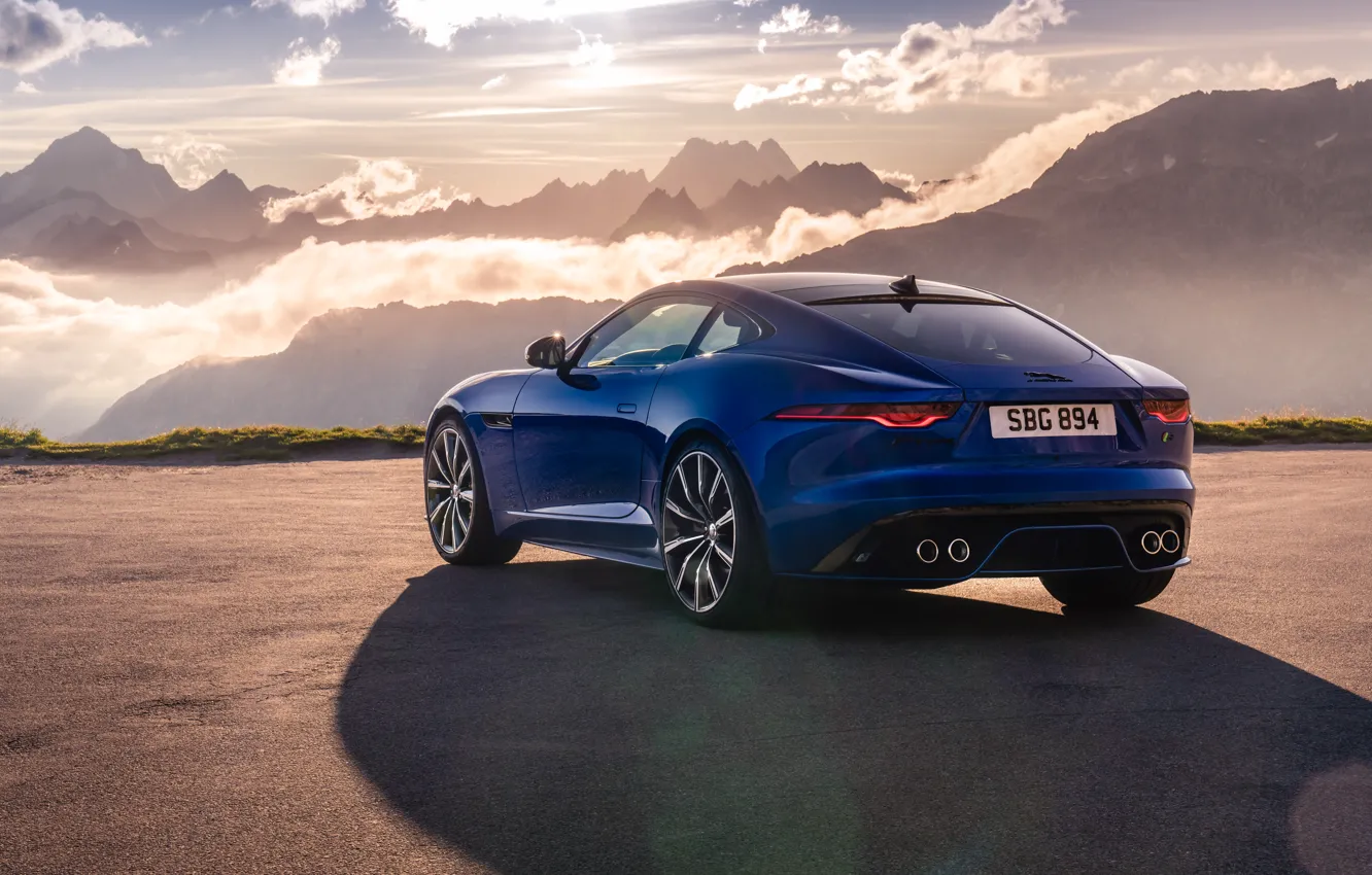 Photo wallpaper sunset, mountains, Jaguar, rear view, F-Type, F-Type R, 2021