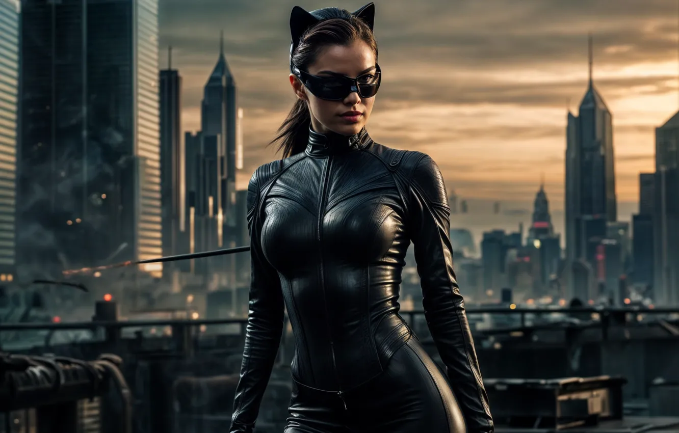Photo wallpaper roof, girl, the city, Cat woman, the image is generated by AI