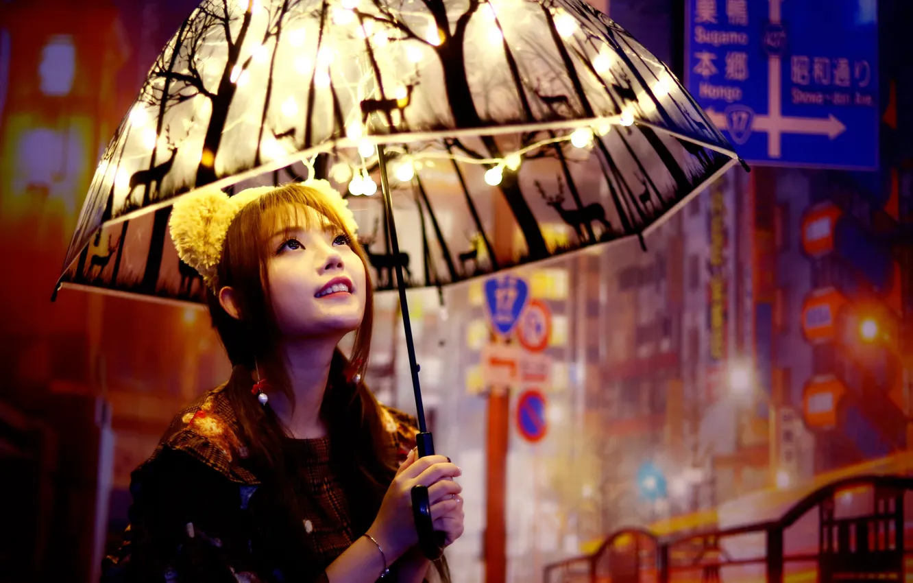 Photo wallpaper face, smile, umbrella, light bulb