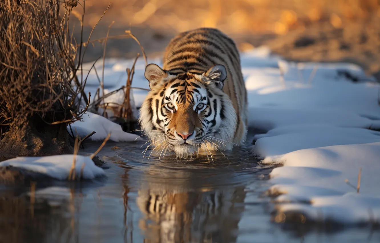 Photo wallpaper animals, tiger, water, snow, reflection, digital art, in water, looking at viewer