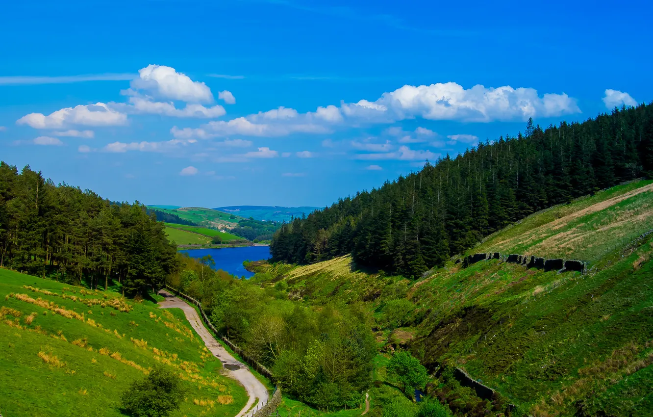 Photo wallpaper road, the sky, clouds, trees, mountains, nature, lake