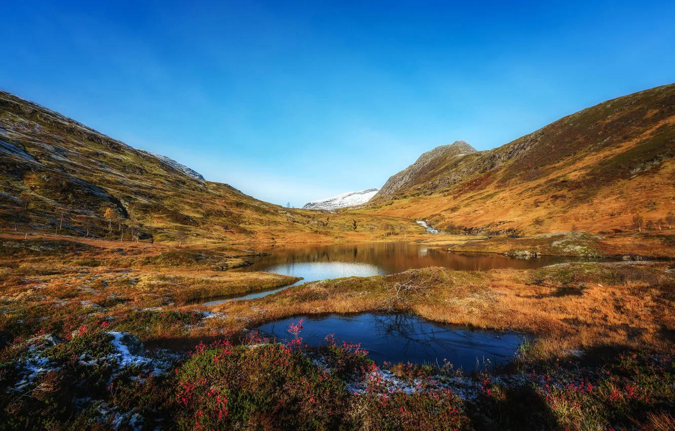 Photo wallpaper autumn, the sky, grass, snow, mountains, lake, Norway, Sunny