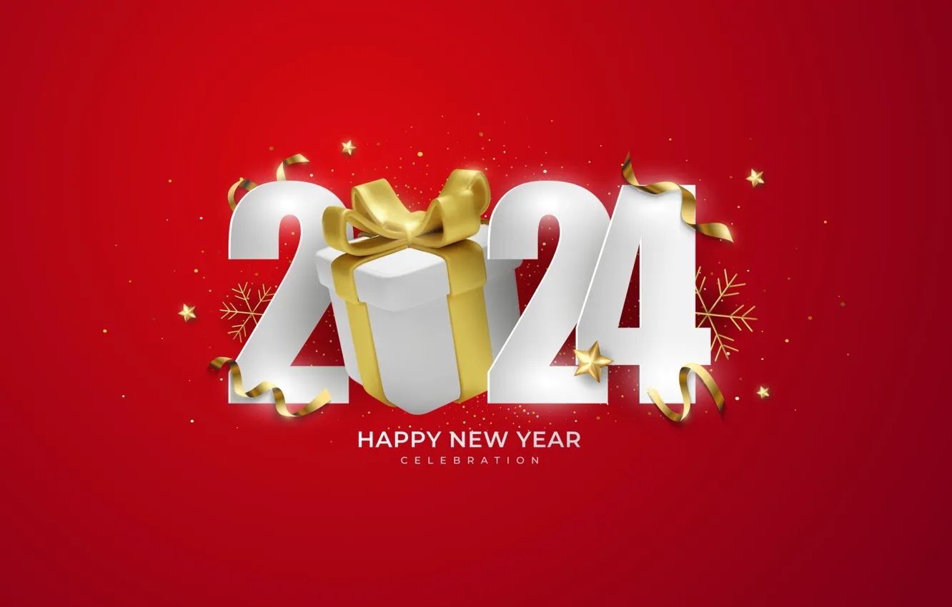 Photo wallpaper date, figures, gift, serpentine, New Year 2024, snowflakes, white, red background