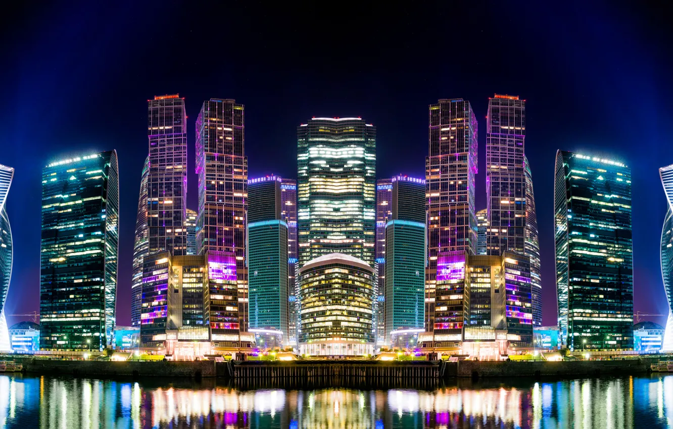 Photo wallpaper night, lights, river, home, skyscrapers, Moscow, Russia, capital