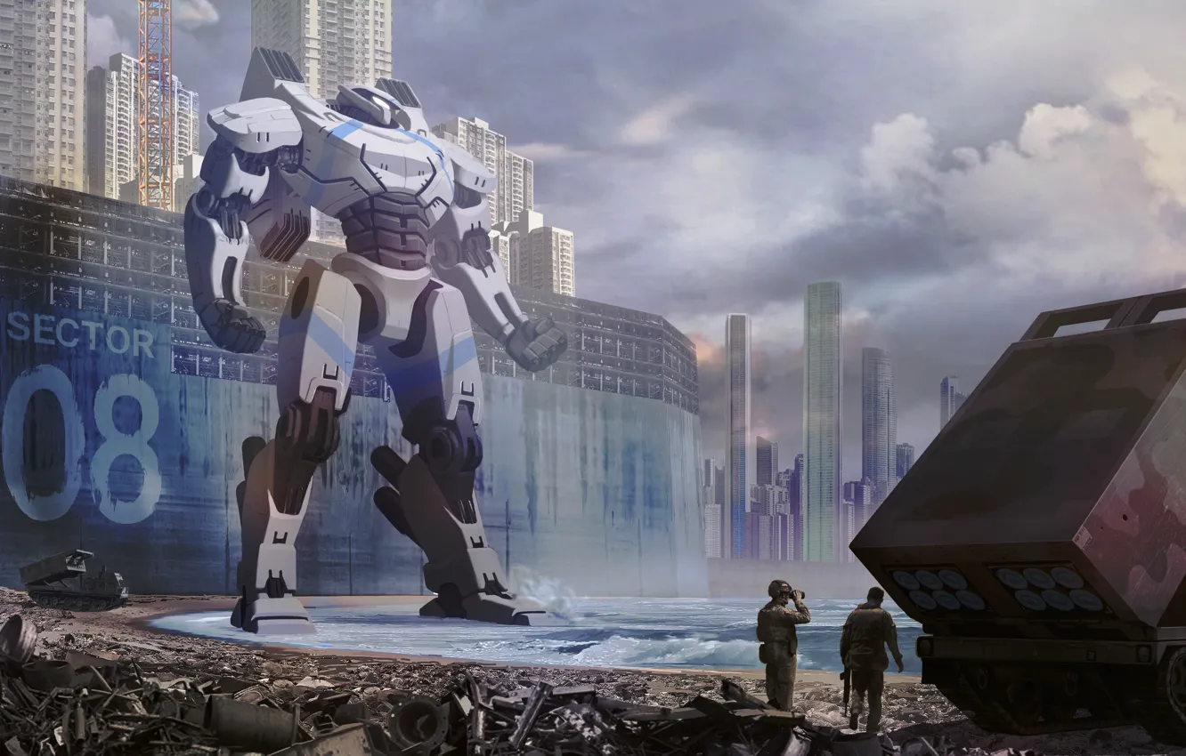 Photo wallpaper sea, the city, wall, robot, soldiers, Pacific Rim, jaeger, Scarab