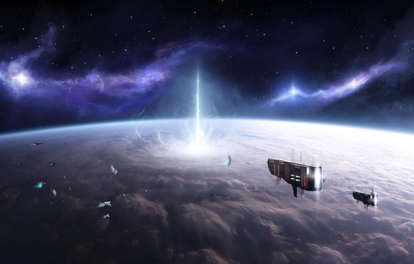 Photo wallpaper space, stars, the explosion, ship, planet, the atmosphere, asteroids, Stefan Veselinov