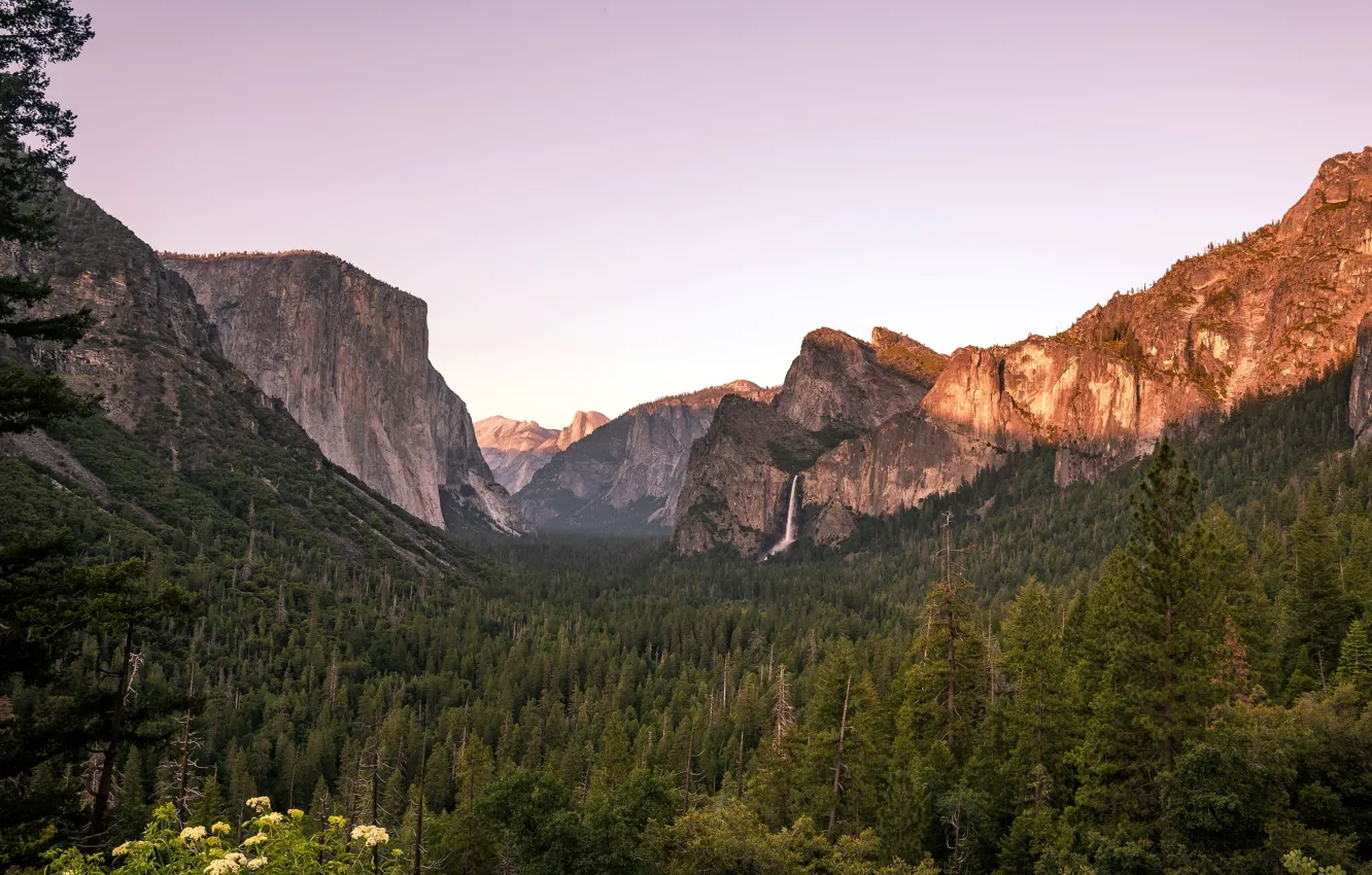 Photo wallpaper sunset, waterfall, CA, USA, USA, sunset, California, Yosemite national Park