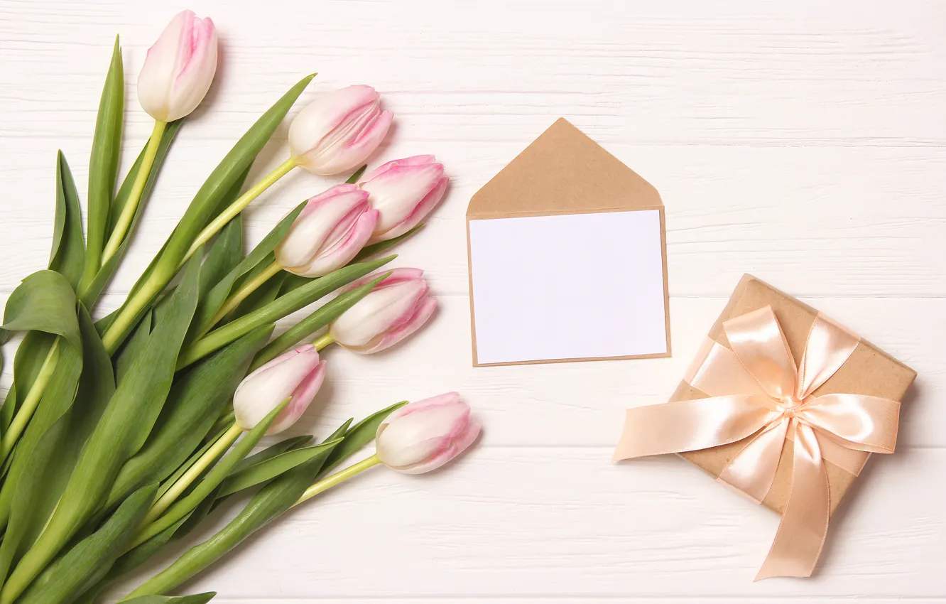 Photo wallpaper flowers, gift, bouquet, tulips, pink, wood, pink, flowers