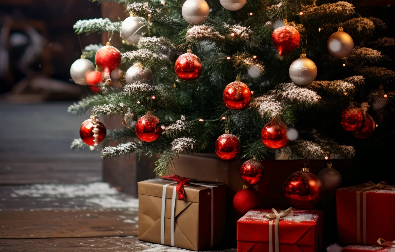 Photo wallpaper decoration, gift, balls, tree, new year, Christmas, Christmas, New Year