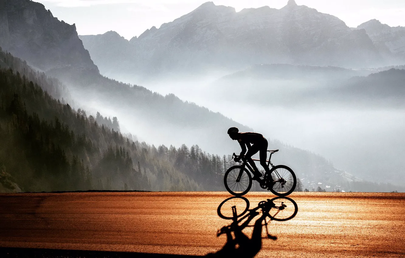 Photo wallpaper road, mountains, nature, athlete, cyclist, road bike