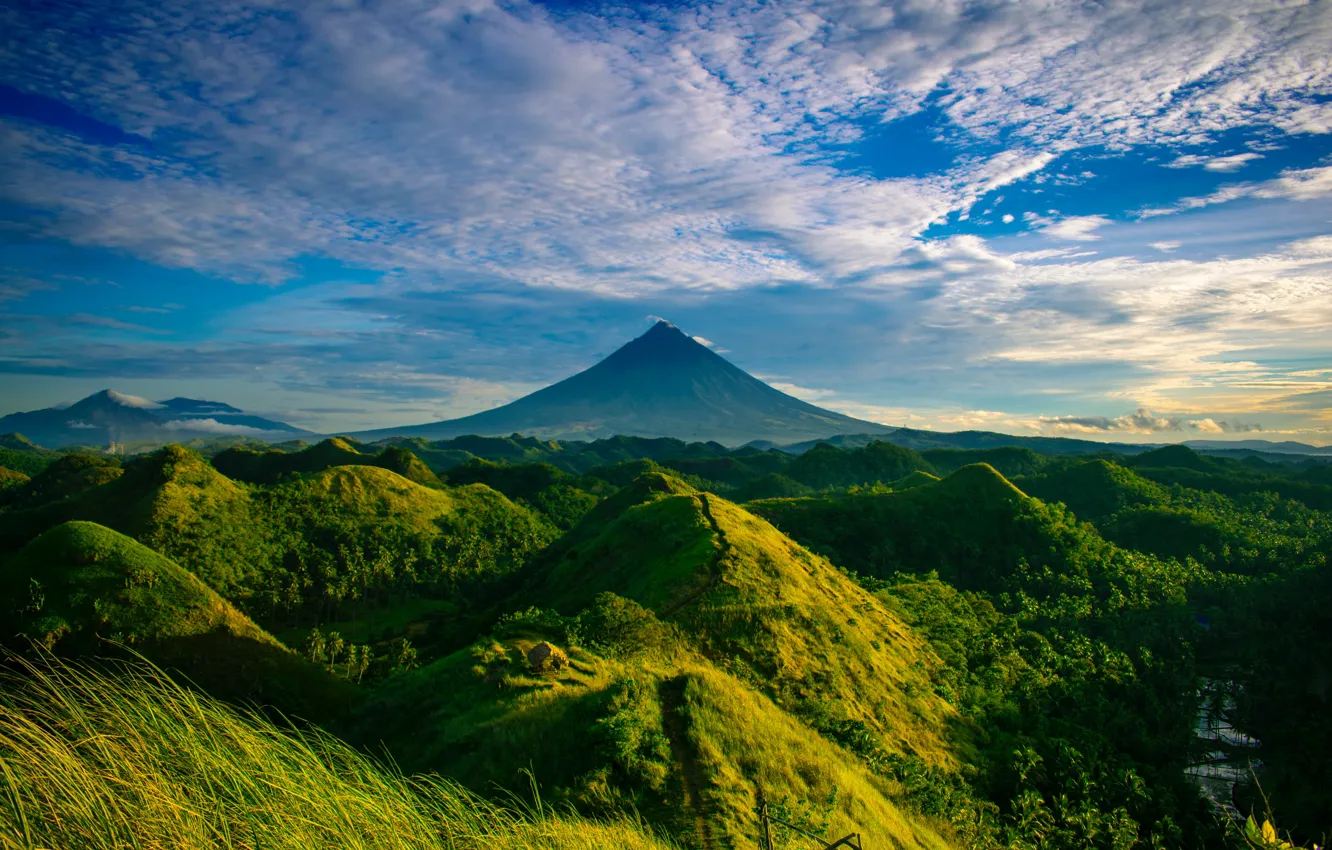 Photo wallpaper clouds, trees, mountains, space, green hills