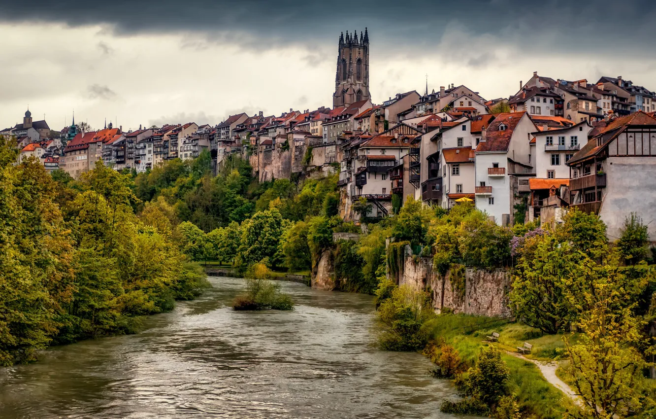 Photo wallpaper clouds, the city, river, home, Switzerland, Fribourg, Alexander the Silent
