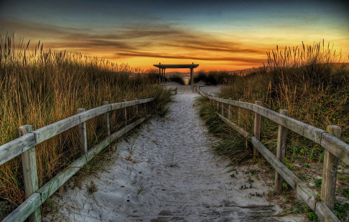Photo wallpaper sand, grass, sunset, track, railings
