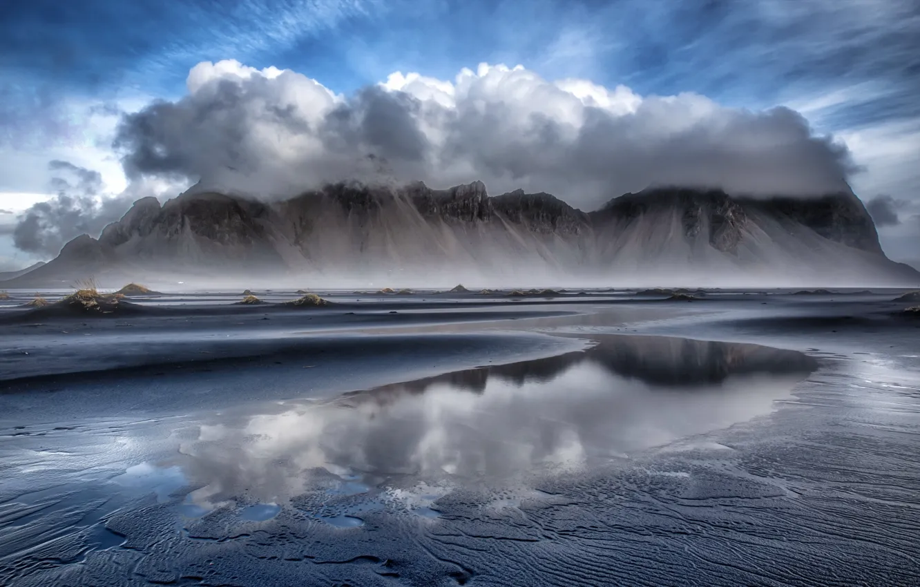 Photo wallpaper mountains, fog, shore