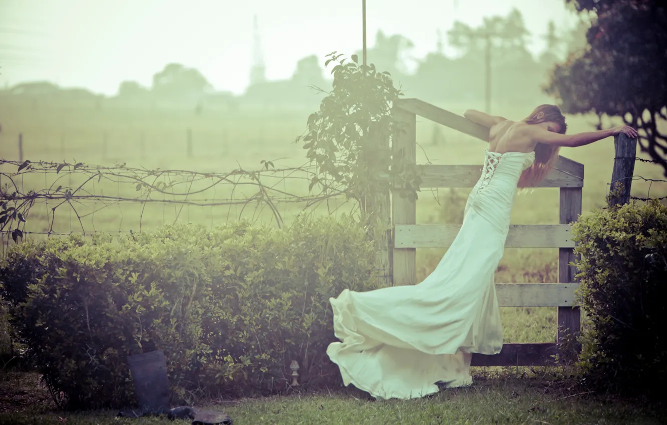 Photo wallpaper girl, nature, the fence, the bride, wedding dress, wedding, bride