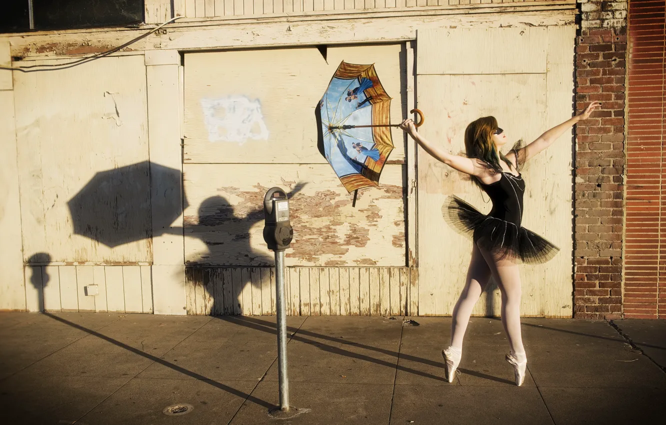 Photo wallpaper girl, street, umbrella, ballerina
