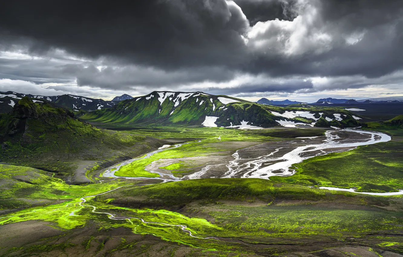 Photo wallpaper greens, snow, mountains, clouds, hills, dal, relief, gloomy sky