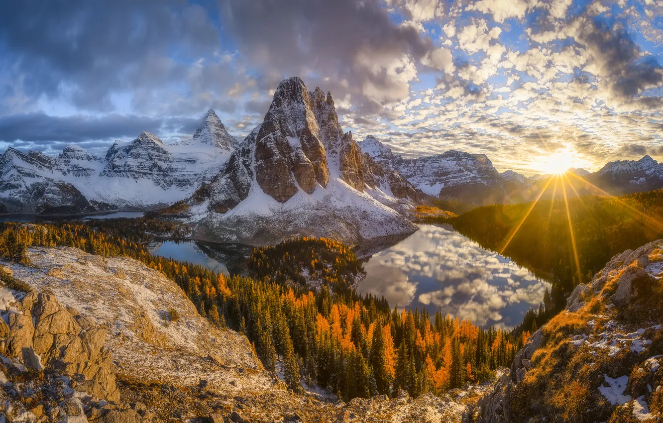 Photo wallpaper autumn, forest, the sky, the sun, clouds, rays, snow, sunset