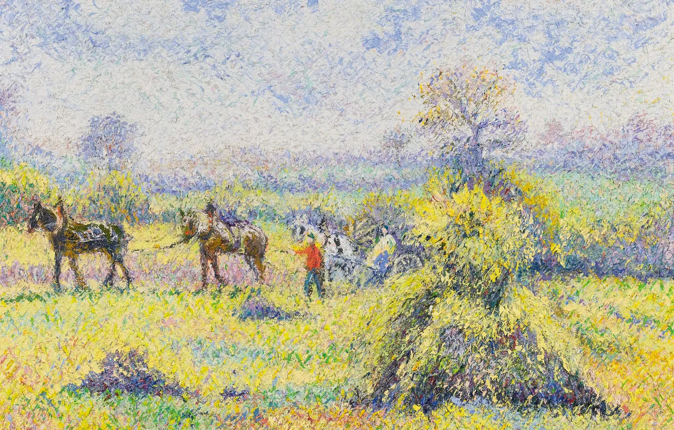 Photo wallpaper landscape, picture, Hugues Claude Pissarro, The reaping at Champigny-Orne