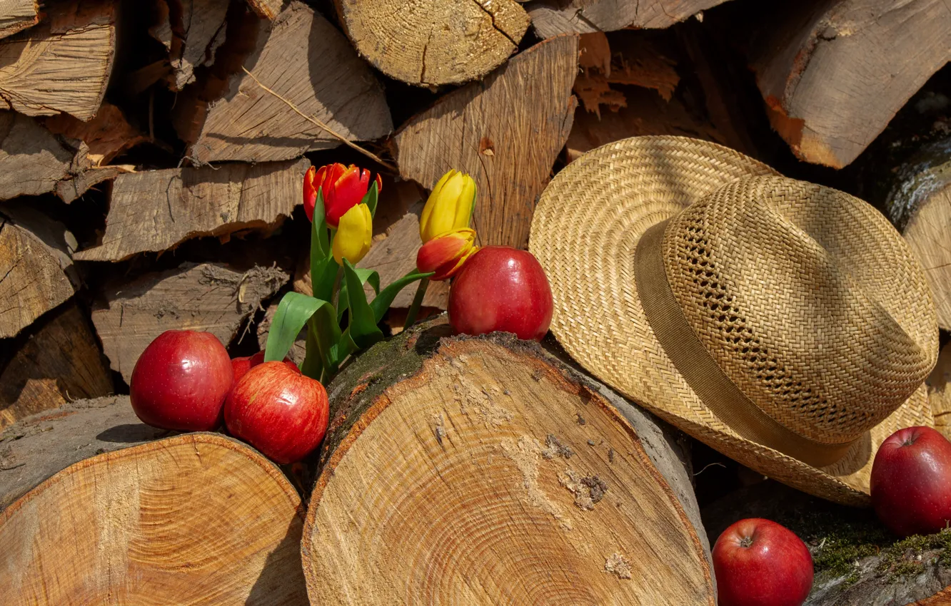 Photo wallpaper flowers, mood, apples, hat, yellow, tulips, red, wood