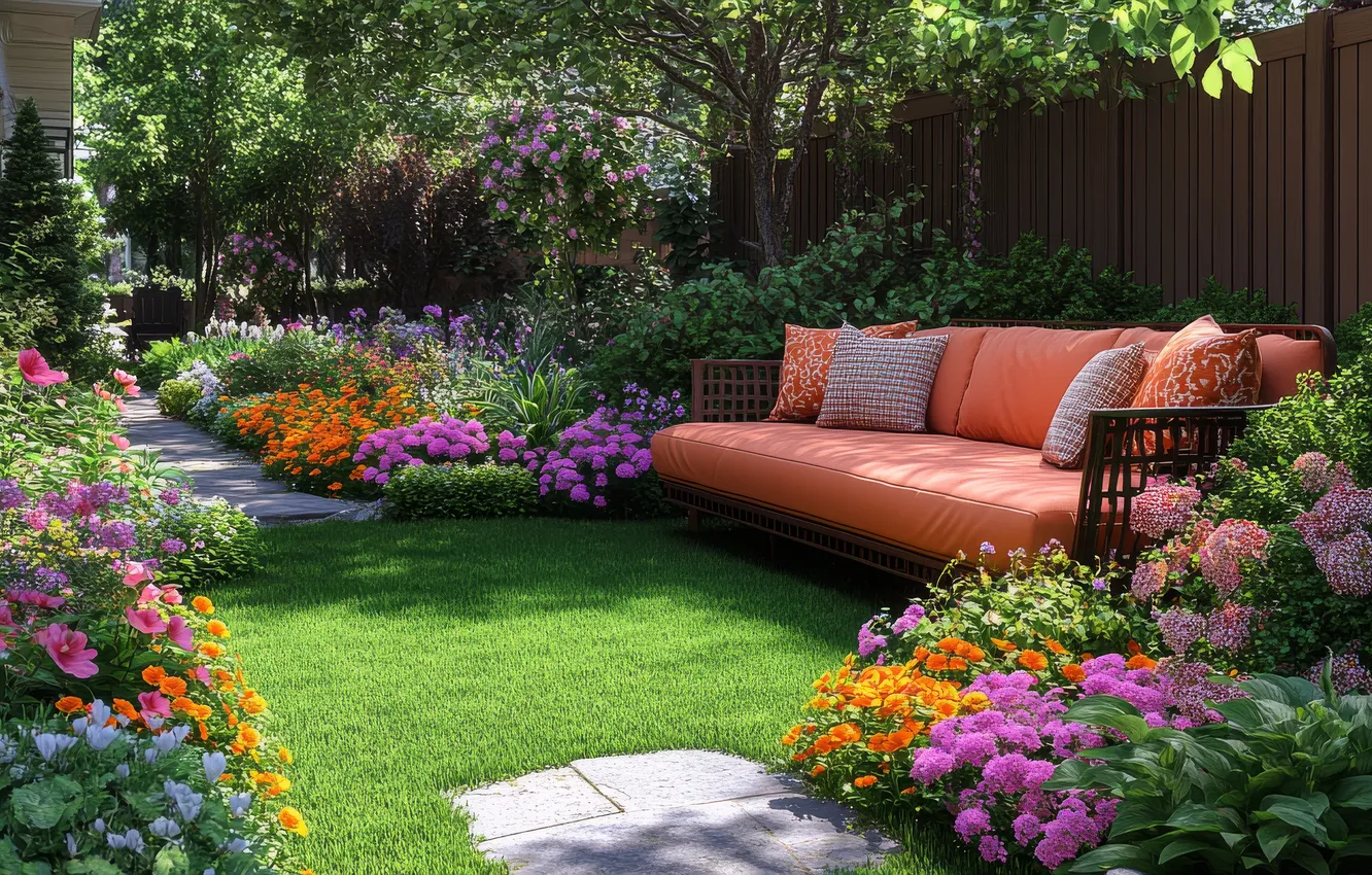 Photo wallpaper summer, grass, trees, flowers, comfort, sofa, lawn, stay