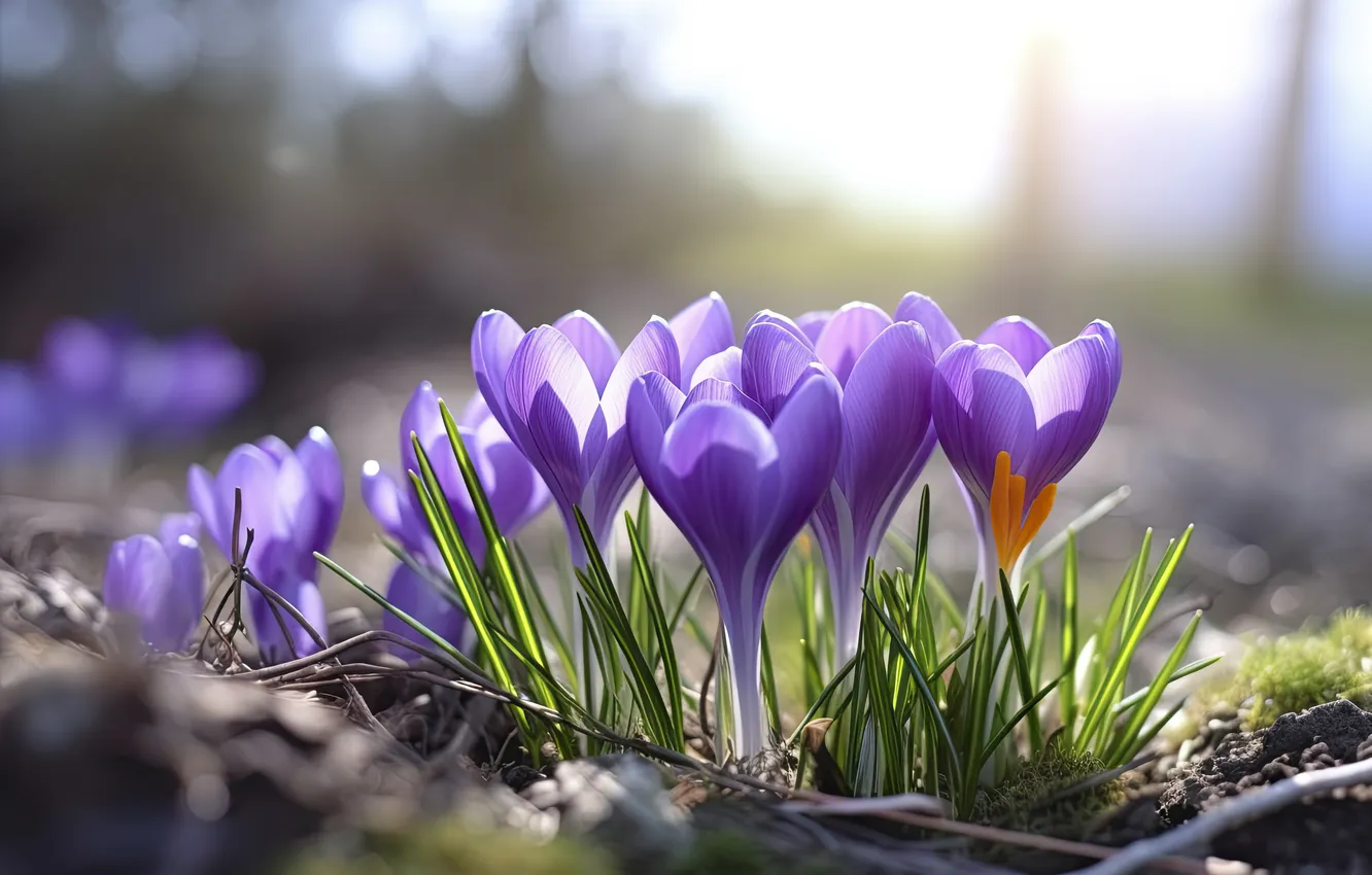 Photo wallpaper light, flowers, glade, spring, crocuses, lilac, bokeh, spring flowers