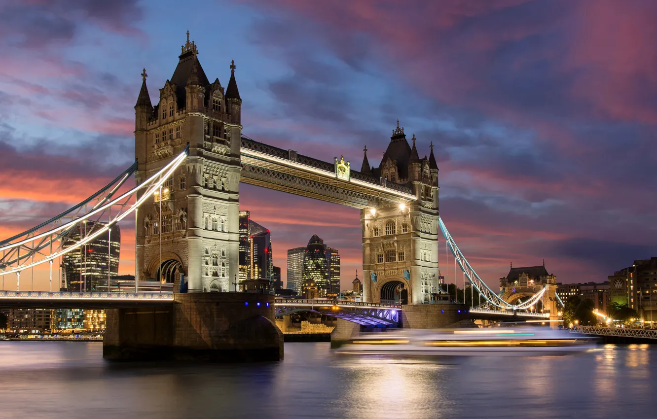 Photo wallpaper lights, river, England, London, Tower bridge