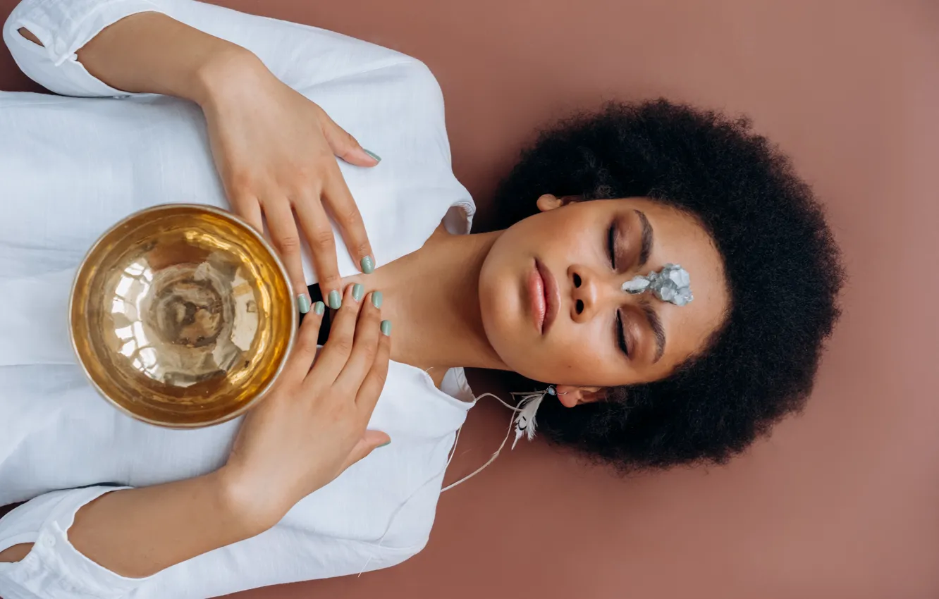 Photo wallpaper pose, calm, bowl, meditation, yoga, crystals, beautiful girl, calm