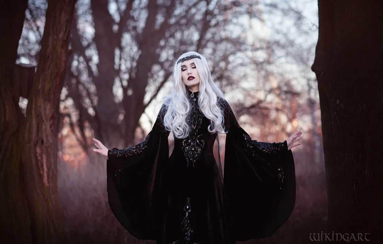 Photo wallpaper girl, trees, branches, nature, pose, fog, style, Park