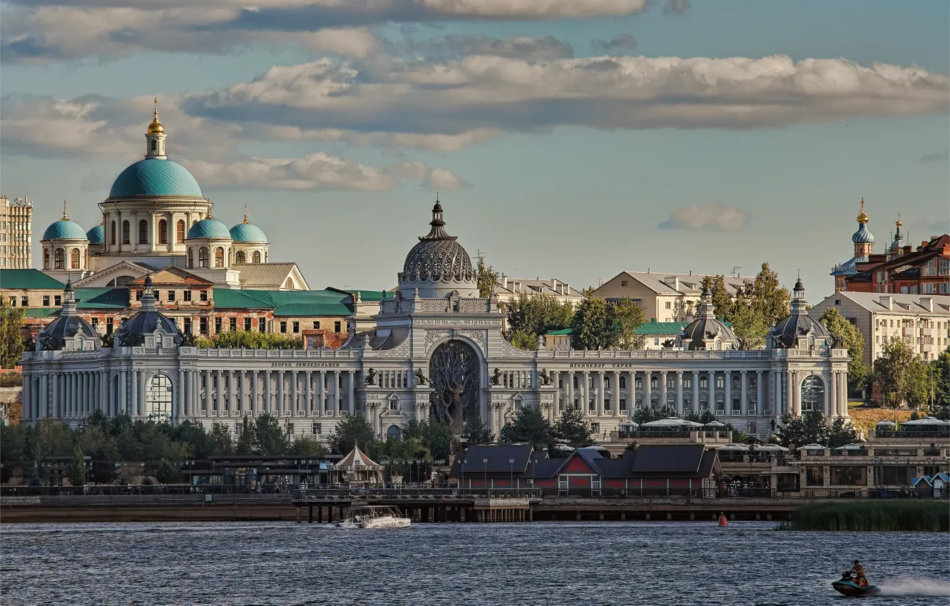 Photo wallpaper river, building, temple, Russia, architecture, Kazan Cathedral, promenade, Kazan