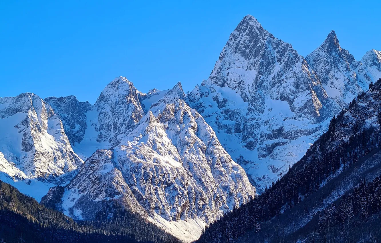 Photo wallpaper winter, the sky, snow, trees, mountains, nature, rocks