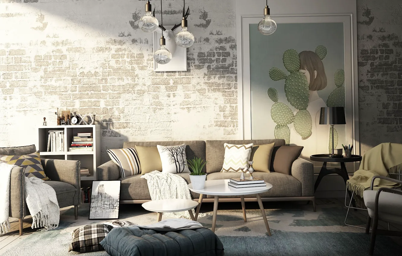 Photo wallpaper design, style, interior, picture, chair, sofa, living room, NONAGON style