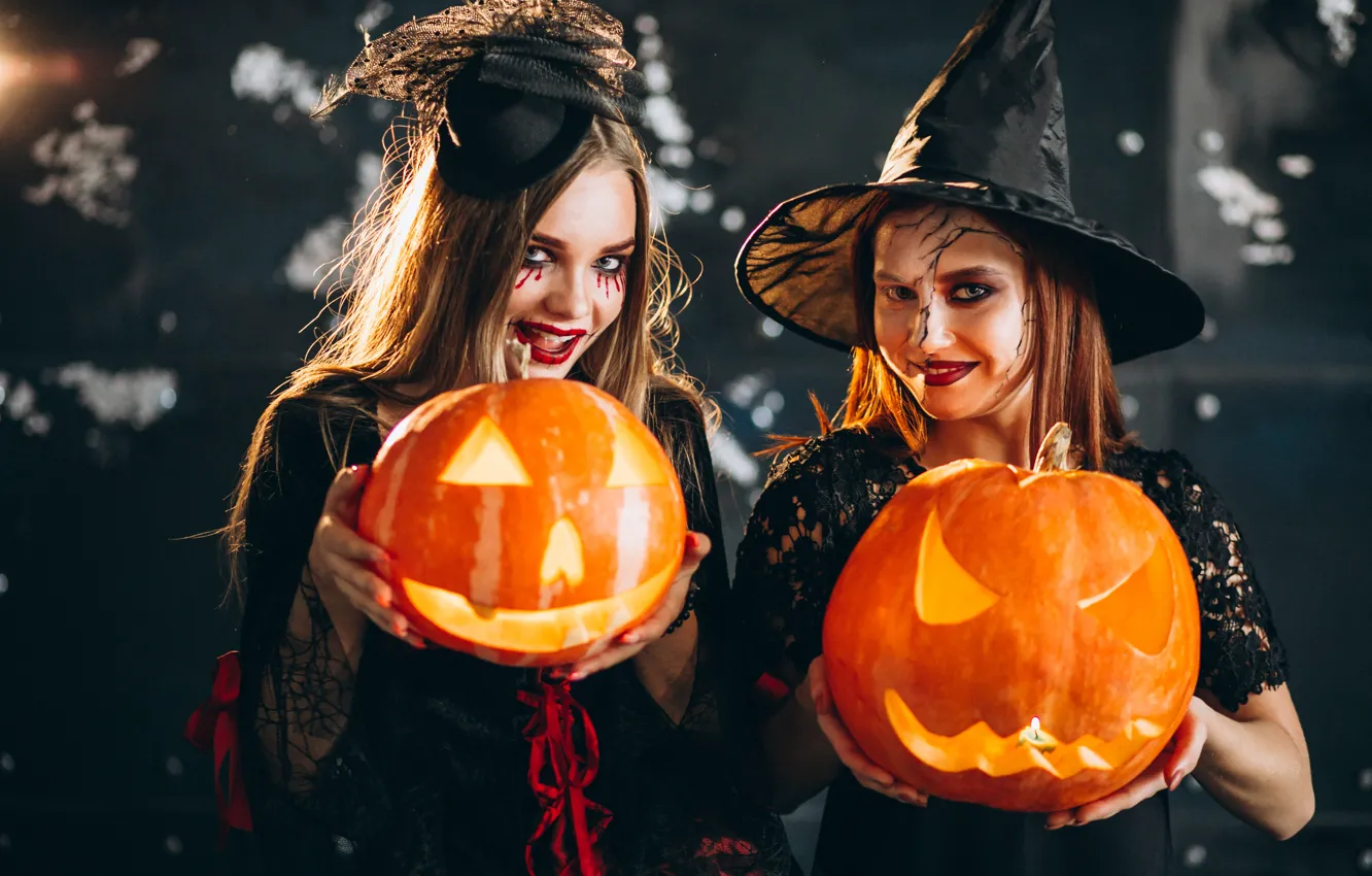 Photo wallpaper autumn, girl, the dark background, holiday, makeup, pumpkin, Halloween, witch