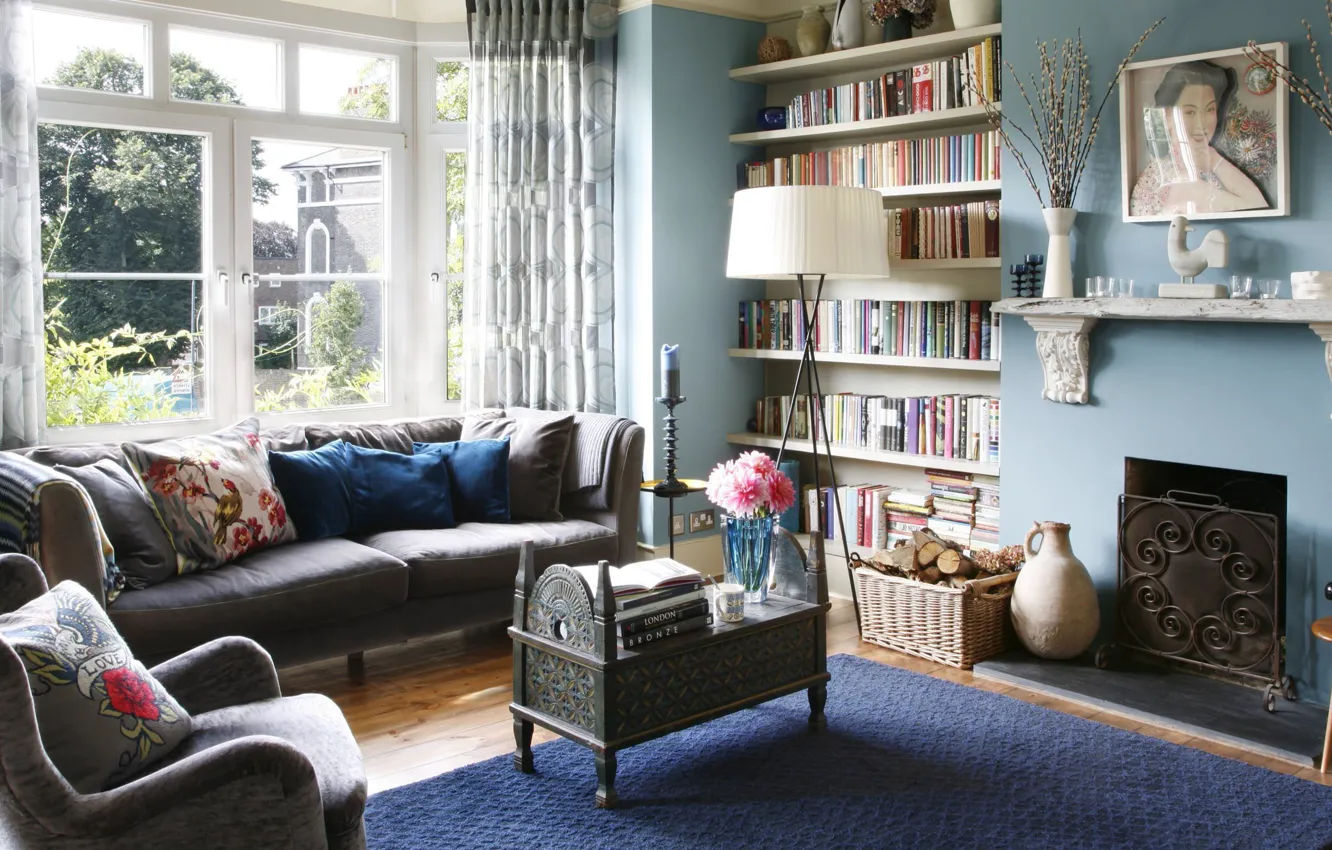 Photo wallpaper design, style, heat, interior, fireplace, library, living room, cozy