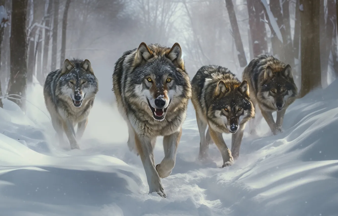 Photo wallpaper winter, look, snow, trees, wolf, predator, four, digital art