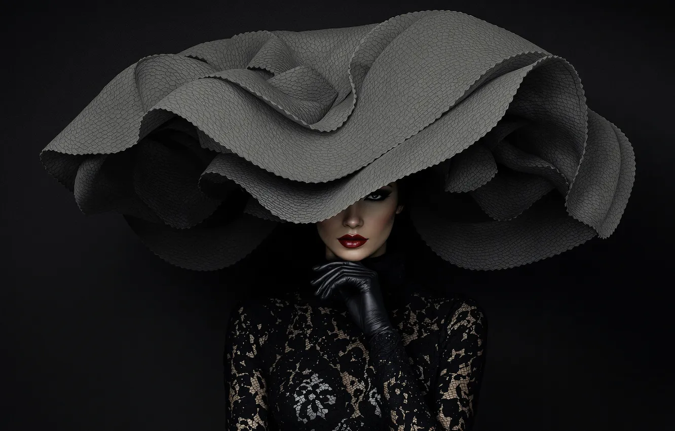 Photo wallpaper look, girl, pose, the dark background, woman, portrait, hat, makeup